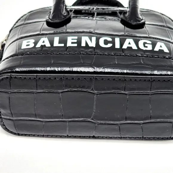 BALENCIAGA Black Calfskin Logo Crocodile Embossed Mini Ville Top Handle Bag XXS - Picture 7 of 16